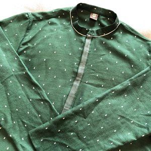 Men's Kurta Top - Dark Green with White Dot Pattern - 3XL